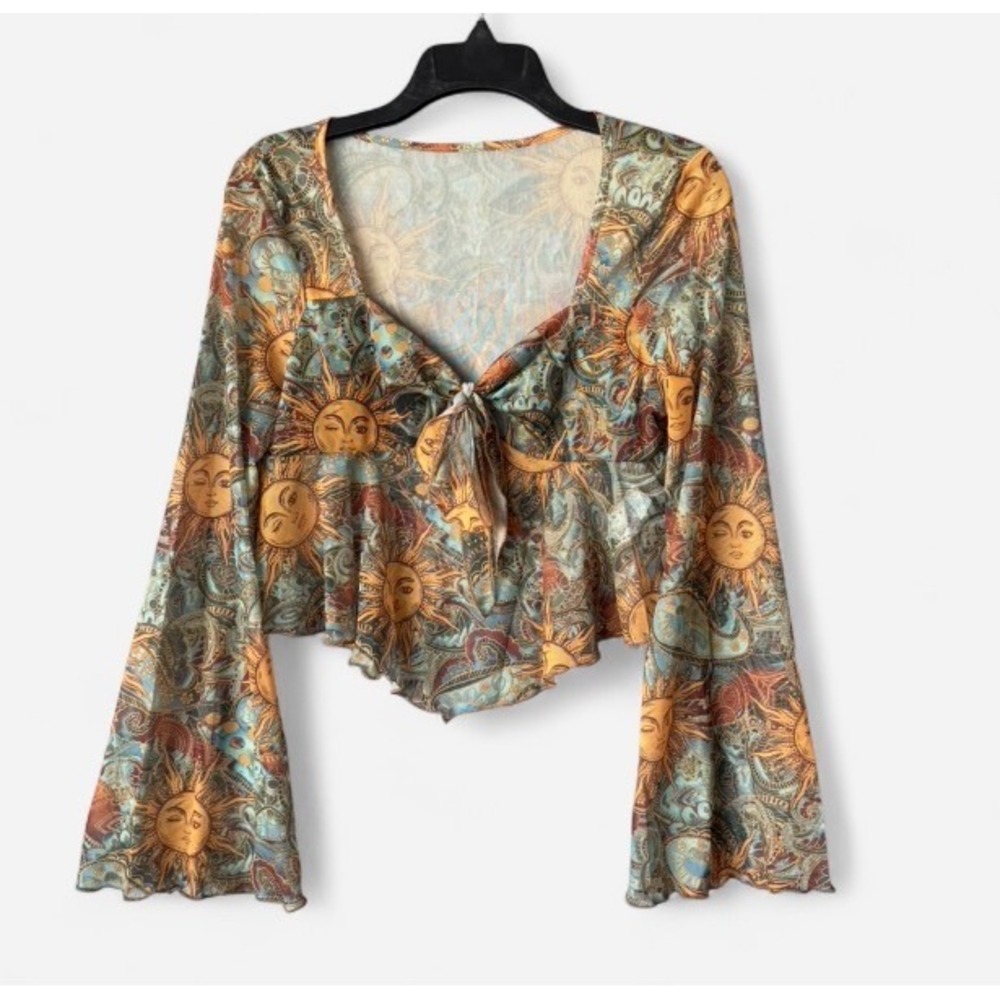 Boho Celestial Festival Mesh Crop Top Hippie Whimsygoth Retro Bell Sleeve Large